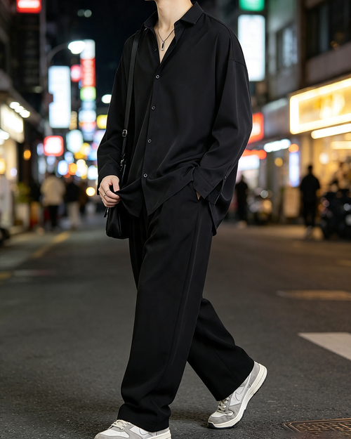Men Black Loose Long Sleeve Shirt