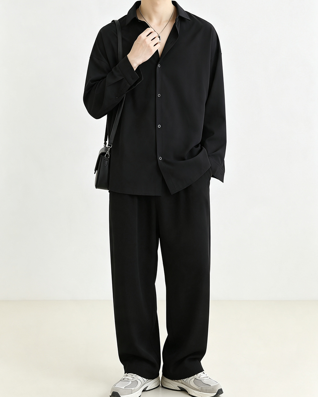 Men Black Loose Long Sleeve Shirt