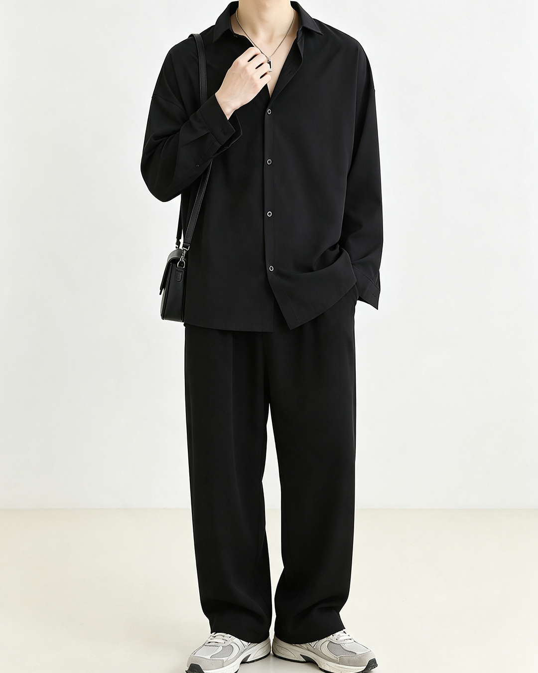 Men Black Loose Long Sleeve Shirt
