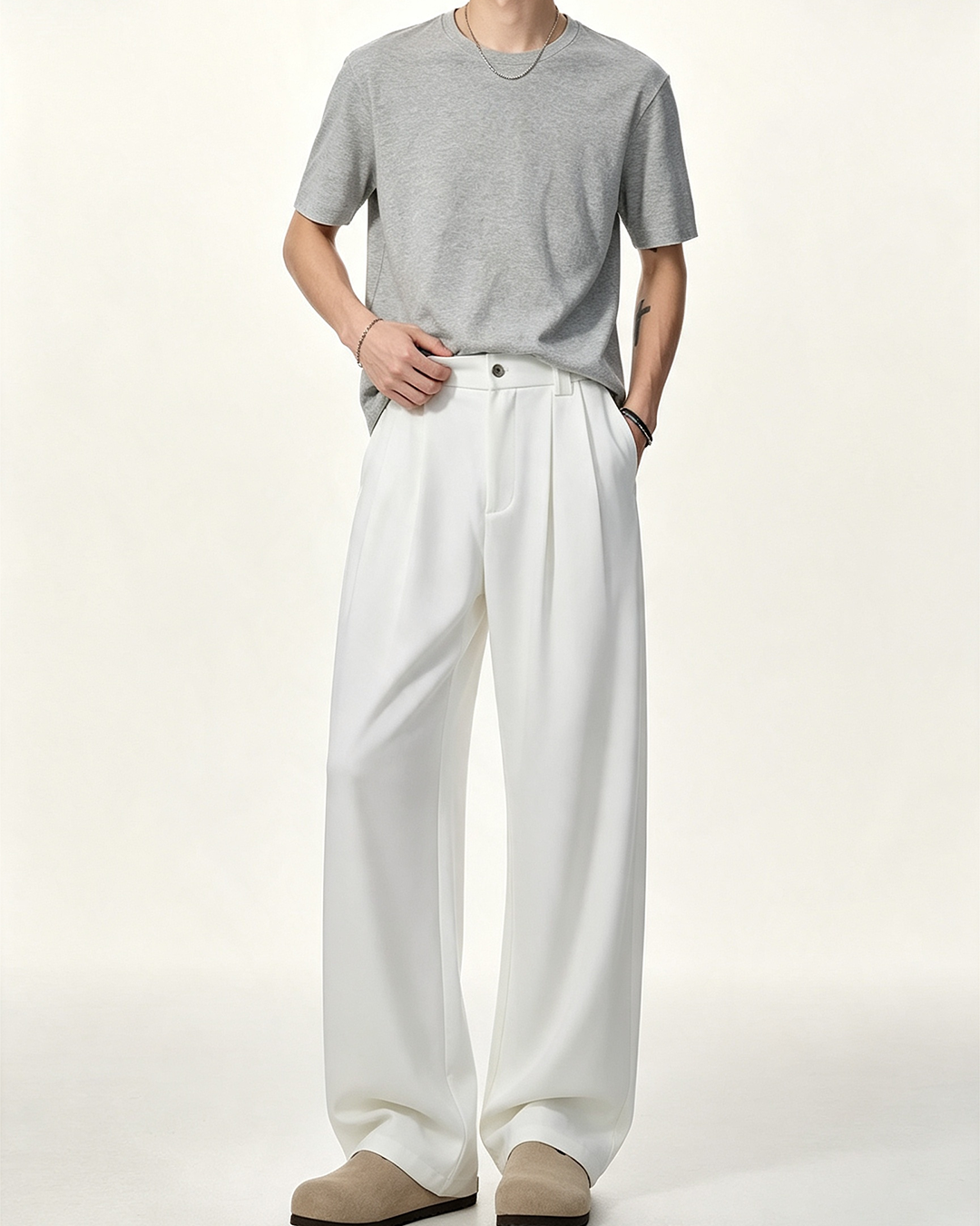 Men White Wide Leg Dress Pants