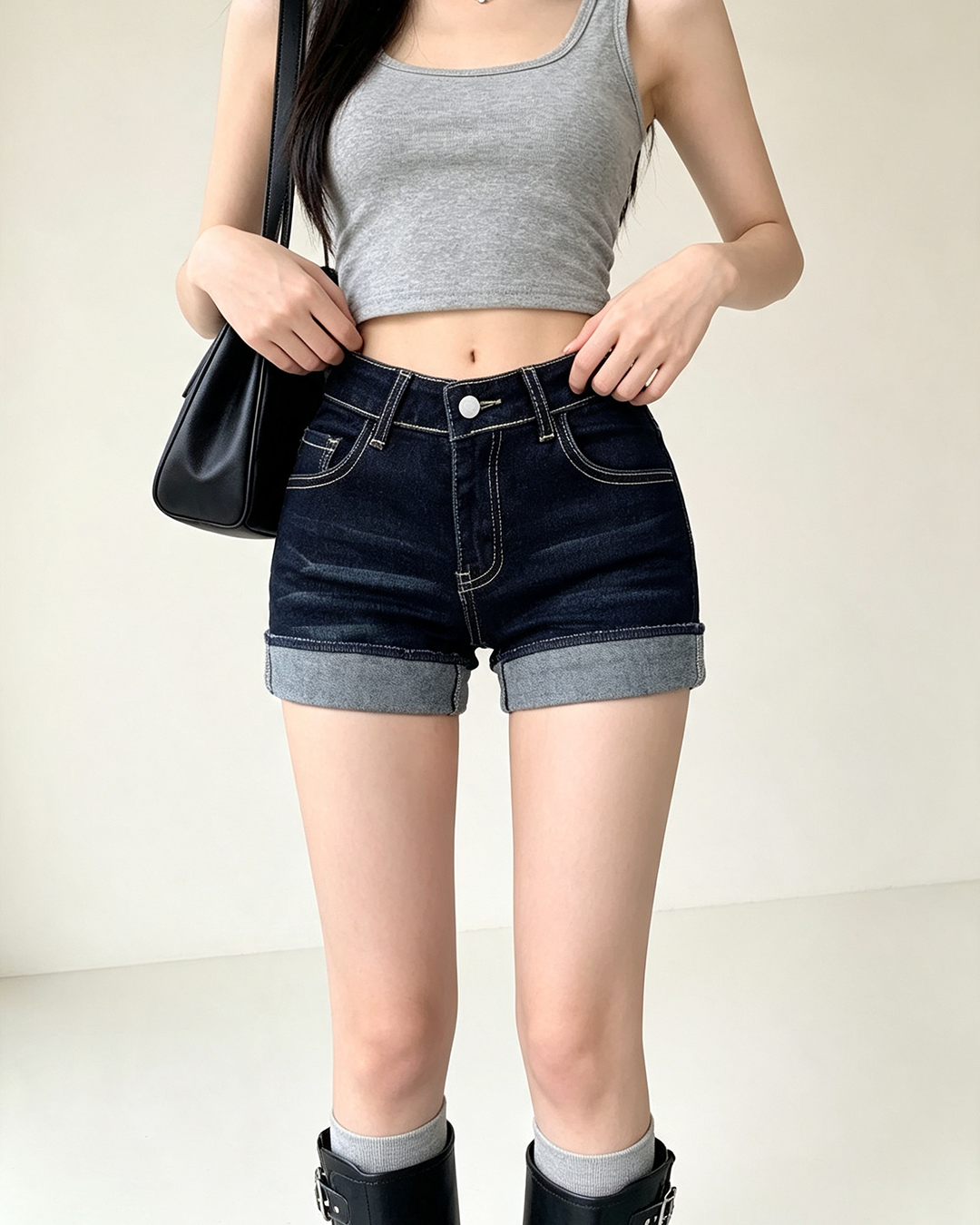Women High Waist Cuffed A-Line Denim Shorts