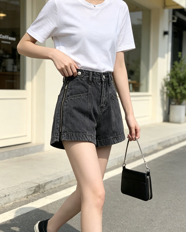 Women Side Zipper Denim Shorts