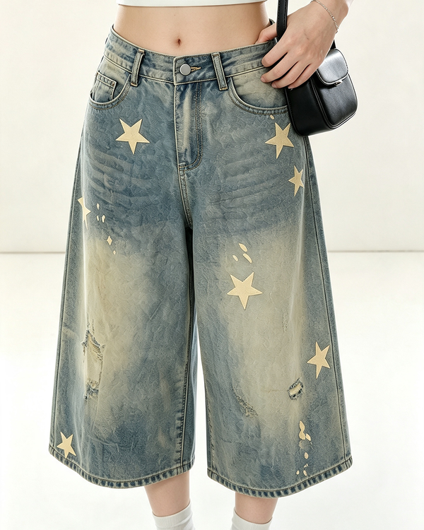Women Star Print Cropped Jeans