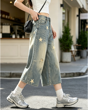 Women Star Print Cropped Jeans